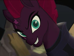 Size: 1053x797 | Tagged: safe, screencap, character:tempest shadow, species:pony, my little pony: the movie (2017), adorabolical, cropped, cute, dreamworks face, evil grin, glare, grin, happy, looking at you, pretty, pretty pretty tempest, silly, silly little ponies, silly pony, smiling, smirk, solo focus, storm guard, tempestbetes, this will end in pain, when she smiles