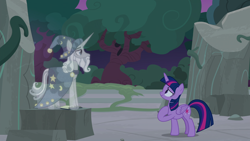 Size: 1920x1080 | Tagged: safe, screencap, character:star swirl the bearded, character:twilight sparkle, character:twilight sparkle (alicorn), species:alicorn, species:pony, species:unicorn, episode:shadow play, g4, my little pony: friendship is magic, clothing, hat, hologram, ponehenge