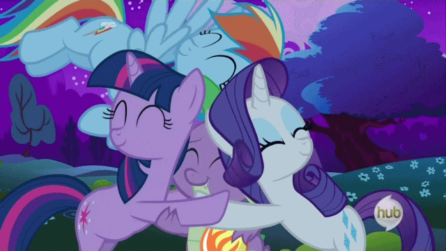 Size: 640x360 | Tagged: safe, screencap, character:rainbow dash, character:rarity, character:spike, character:twilight sparkle, species:dragon, species:pegasus, species:pony, species:unicorn, episode:dragon quest, g4, my little pony: friendship is magic, animated, eyes closed, female, gif, group hug, hub logo, hug, male, mare, perfect loop, smiling, snuggling