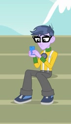 Size: 301x523 | Tagged: safe, screencap, character:microchips, episode:all's fair in love & friendship games, equestria girls:friendship games, g4, my little pony:equestria girls, clothing, cropped, pants, phone, shoes, sitting, smiling, sneakers