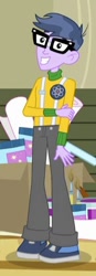Size: 162x464 | Tagged: safe, screencap, character:microchips, episode:a banner day, equestria girls:friendship games, g4, my little pony:equestria girls, clothing, cropped, glasses, male, pants, shoes, smiling, sneakers