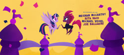 Size: 1296x583 | Tagged: safe, screencap, character:tempest shadow, character:twilight sparkle, character:twilight sparkle (alicorn), species:alicorn, species:pony, my little pony: the movie (2017), credits, hoofbump, joe ballarini, meghan mccarthy, mike vogel, pointy ponies, rita hsiao