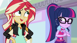 Size: 1280x718 | Tagged: safe, screencap, character:sunset shimmer, character:twilight sparkle, character:twilight sparkle (scitwi), species:eqg human, equestria girls:mirror magic, g4, my little pony:equestria girls, bad color, canterlot mall, clothing, glasses, jacket, leather jacket, open mouth, you had one job