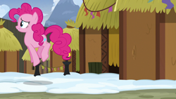 Size: 1280x720 | Tagged: safe, screencap, character:pinkie pie, species:pony, episode:not asking for trouble, g4, my little pony: friendship is magic, hut, pronking, solo, yakyakistan