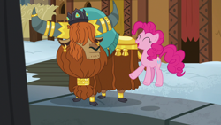 Size: 1280x720 | Tagged: safe, screencap, character:pinkie pie, character:prince rutherford, species:earth pony, species:pony, species:yak, episode:not asking for trouble, g4, my little pony: friendship is magic, cloven hooves, crown, duo, ear piercing, earring, eyes closed, female, happy, horn ring, jewelry, male, mare, piercing, pit, regalia, yakyakistan