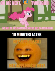 Size: 633x808 | Tagged: safe, screencap, character:pinkie pie, episode:too many pinkie pies, g4, my little pony: friendship is magic, annoying orange, image macro, pink text