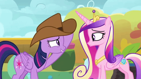Size: 480x270 | Tagged: safe, screencap, character:princess cadance, character:twilight sparkle, character:twilight sparkle (alicorn), species:alicorn, species:pony, episode:once upon a zeppelin, g4, my little pony: friendship is magic, animated, clothing, cowboy hat, cute, gif, hat, one eye closed, twiabetes, unconvincing, waving, wing hands, wing wave, wink