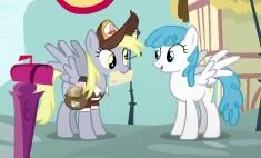 Size: 235x142 | Tagged: safe, screencap, character:derpy hooves, character:white lightning, episode:secrets and pies, g4, my little pony: friendship is magic, clothing, hat, mailbox, mailmare, mailmare hat, picture for breezies, ponyville, saddle bag