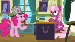 Size: 1920x1080 | Tagged: safe, screencap, character:cheerilee, character:pinkie pie, character:princess celestia, episode:secrets and pies, g4, my little pony: friendship is magic, book, chalkboard, classroom, clothing, deerstalker, desk, easel, globe, hat, narrowed eyes, pipe, ponyville schoolhouse, skeptical, suspicious