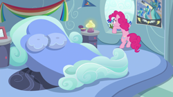 Size: 1920x1080 | Tagged: safe, screencap, character:pinkie pie, episode:secrets and pies, g4, my little pony: friendship is magic, bed, bedroom, lamp, pillow, poster, rainbow dash's bedroom, rainbow dash's house, rug, wonderbolts poster