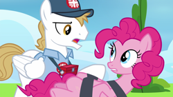 Size: 1920x1080 | Tagged: safe, screencap, character:pinkie pie, species:earth pony, species:pegasus, species:pony, episode:secrets and pies, g4, my little pony: friendship is magic, baseball cap, cap, clothing, cloud, female, first aid kit, hat, hermes (character), male, mare, medic, paramedic, restrained, restraints, shirt, stallion, tree