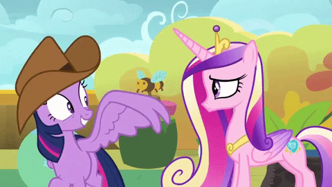 Size: 480x270 | Tagged: safe, screencap, character:princess cadance, character:twilight sparkle, character:twilight sparkle (alicorn), species:alicorn, species:pony, episode:once upon a zeppelin, g4, my little pony: friendship is magic, animated, clothing, cowboy hat, cute, gif, hat, twiabetes, waving, wing hands, wing wave