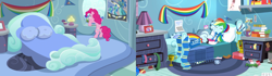 Size: 1600x450 | Tagged: safe, screencap, character:pinkie pie, character:rainbow dash, episode:secrets and pies, g4, my little pony: friendship is magic, my little pony:equestria girls, bed, bedroom, comparison, converse, lamp, rainbow dash's bedroom, rainbow dash's house, rug, shoes, wonderbolts poster