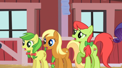 Size: 1280x720 | Tagged: safe, screencap, character:apple cobbler, character:apple fritter, character:peachy sweet, species:earth pony, species:pony, episode:the last roundup, g4, my little pony: friendship is magic, apple family member, background pony, bow, female, hair bow, mare, open mouth, raised hoof, shocked, trio