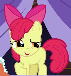 Size: 439x469 | Tagged: safe, screencap, character:apple bloom, episode:brotherhooves social, g4, my little pony: friendship is magic, cropped, grin, nervous, nervous grin, smiling, smirk, solo