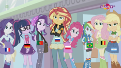 Size: 1136x638 | Tagged: safe, screencap, character:applejack, character:fluttershy, character:pinkie pie, character:rainbow dash, character:rarity, character:starlight glimmer, character:sunset shimmer, character:twilight sparkle, my little pony:equestria girls, argentina, belgium, brazil, eqg flag-tag meme, flag, football, france, germany, humane five, humane seven, humane six, mane six, poland, portugal, russia, world cup