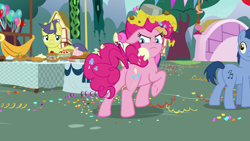 Size: 1920x1080 | Tagged: safe, screencap, character:blues, character:bon bon, character:comet tail, character:noteworthy, character:pinkie pie, character:sweetie drops, episode:secrets and pies, g4, my little pony: friendship is magic, angry, betrayed, confetti, furious, messy, plot