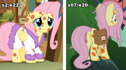 Size: 750x421 | Tagged: safe, screencap, character:fluttershy, episode:a health of information, episode:hurricane fluttershy, g4, my little pony: friendship is magic, bathrobe, clothing, comparison, dressing gown, funny aneurysm moment, messy mane, pony pox, robe, saddle bag, sick, swamp fever