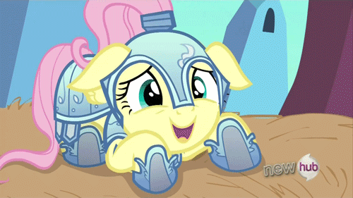 Size: 500x281 | Tagged: safe, screencap, character:fluttershy, episode:the crystal empire, g4, my little pony: friendship is magic, animated, armor, behaving like a dog, cute, floppy ears, hub logo, jousting, jousting outfit, prone, shyabetes