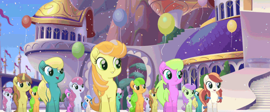 Size: 900x375 | Tagged: safe, screencap, character:amethyst star, character:cantaloupe, character:dawn sunrays, character:linky, character:nougat praliné, character:shoeshine, character:sparkler, species:earth pony, species:pony, species:unicorn, my little pony: the movie (2017), animated, background pony, background pony audience, balloon, canterlot, clones, cornsilk, cute, dancing, female, happy, male, marching, mare, singing, smiling, stallion, toadstool blossom, underhoof, unnamed pony, waterfall, we got this together