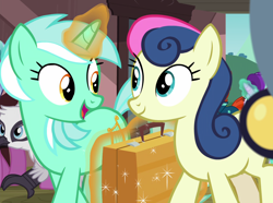 Size: 1302x967 | Tagged: safe, screencap, character:bon bon, character:lyra heartstrings, character:natalya, character:starlight glimmer, character:sunburst, character:sweetie drops, species:earth pony, species:griffon, species:pony, species:unicorn, episode:uncommon bond, g4, my little pony: friendship is magic, background pony, cropped, female, levitation, magic, mare, ponies standing next to each other, suitcase, telekinesis