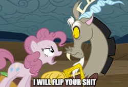 Size: 858x587 | Tagged: safe, screencap, character:discord, character:pinkie pie, species:draconequus, species:earth pony, species:pony, episode:the return of harmony, g4, my little pony: friendship is magic, angry, caption, discorded, duo, female, image macro, male, mare, meanie pie, meme, open mouth, startled, vulgar