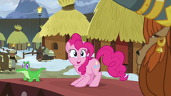 Size: 1280x720 | Tagged: safe, screencap, character:gummy, character:pinkie pie, character:prince rutherford, species:earth pony, species:pony, species:yak, episode:not asking for trouble, g4, my little pony: friendship is magic, alligator, duo focus, female, happy, male, mare, yakyakistan