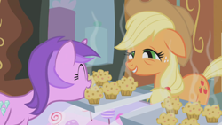Size: 1280x720 | Tagged: safe, screencap, character:amethyst star, character:applejack, character:sparkler, species:earth pony, species:pony, species:unicorn, episode:applebuck season, g4, my little pony: friendship is magic, applejack's hat, bags under eyes, baked bads, clothing, cowboy hat, cute, eyes closed, female, floppy ears, food, happy, hat, hate, mare, mouth hold, muffin, orange, purple, smiling, smirk, standing, stetson, this will end in pain, this will end in sickness, tired