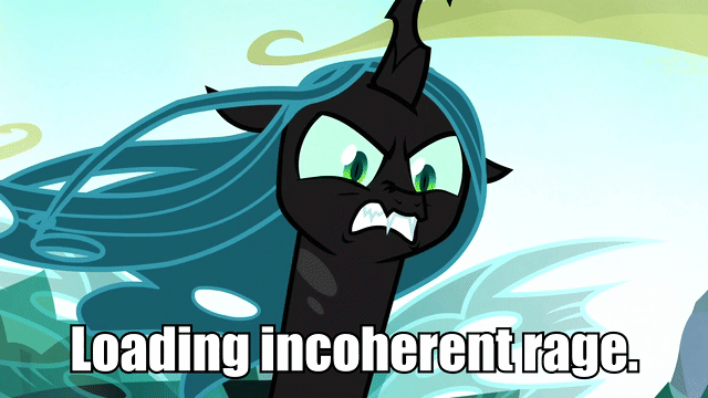 Size: 640x360 | Tagged: safe, screencap, character:queen chrysalis, species:changeling, episode:to where and back again, g4, my little pony: friendship is magic, angry, animated, changeling queen, female, former queen chrysalis, gif, image macro, loading, loading screen, meme, rage, solo, totally legit recap