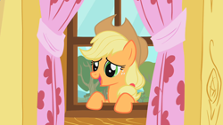 Size: 1280x720 | Tagged: safe, screencap, character:applejack, species:earth pony, species:pony, episode:the show stoppers, g4, my little pony: friendship is magic, applejack's hat, clothing, clubhouse, cowboy hat, crusaders clubhouse, curtains, cute, female, hat, jackabetes, mare, open mouth, smiling, solo, stetson, treehouse, window