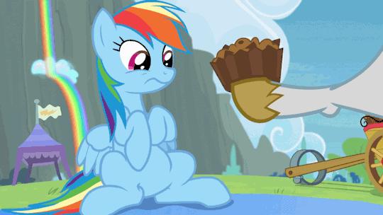 Size: 540x304 | Tagged: safe, screencap, character:bulk biceps, character:rainbow dash, species:pegasus, species:pony, episode:rainbow falls, g4, my little pony: friendship is magic, season 4, animated, apple brown betty (food), bellyrubs, cropped, cupcake, cute, dashabetes, female, food, gif, hoof hold, male, mare, outdoors, rainbow waterfall, sitting, stallion