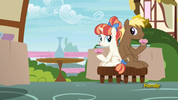 Size: 1754x987 | Tagged: safe, screencap, character:coco crusoe, character:rainbow stars, species:earth pony, species:pony, species:unicorn, episode:triple threat, g4, my little pony: friendship is magic, background pony, female, fighting over a seat, male, mare, stallion