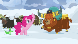 Size: 1280x720 | Tagged: safe, screencap, character:gummy, character:pinkie pie, character:prince rutherford, species:earth pony, species:pony, species:yak, episode:not asking for trouble, g4, my little pony: friendship is magic, alligator, cloven hooves, crown, drill mane, ear piercing, earring, female, horn ring, jewelry, male, mare, piercing, prehensile mane, raised hoof, regalia, snow
