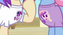 Size: 1920x1080 | Tagged: safe, screencap, character:princess cadance, character:twilight sparkle, character:twilight sparkle (alicorn), species:alicorn, species:pony, episode:once upon a zeppelin, g4, my little pony: friendship is magic, clothing, shirt, sun cloche, sunny side, t-shirt
