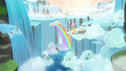 Size: 1920x1080 | Tagged: safe, screencap, character:twilight velvet, species:pony, episode:once upon a zeppelin, g4, my little pony: friendship is magic, airship, barrel, cloud, foam, neighagra falls, rainbow, scenery, scenery porn, waterfall, zeppelin