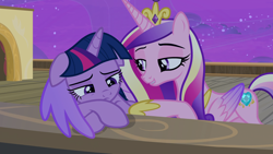 Size: 1920x1080 | Tagged: safe, screencap, character:princess cadance, character:twilight sparkle, character:twilight sparkle (alicorn), species:alicorn, species:pony, episode:once upon a zeppelin, g4, my little pony: friendship is magic, comforting, floppy ears, hug, lip bite, winghug