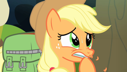 Size: 1280x720 | Tagged: safe, screencap, character:applejack, species:pony, episode:somepony to watch over me, g4, my little pony: friendship is magic, backpack, biting, concerned, hoof biting, hooves, nail biting, nervous, solo, sweat, teeth, worried, worry