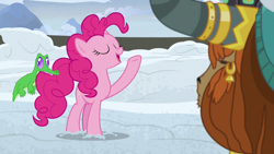 Size: 1280x720 | Tagged: safe, screencap, character:gummy, character:pinkie pie, character:prince rutherford, species:pony, species:yak, episode:not asking for trouble, g4, my little pony: friendship is magic, biting, eyes closed, snow, tail bite