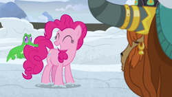 Size: 1280x720 | Tagged: safe, screencap, character:gummy, character:pinkie pie, character:prince rutherford, species:pony, species:yak, episode:not asking for trouble, g4, my little pony: friendship is magic, biting, eyes closed, smiling, snow, tail bite