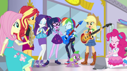 Size: 1920x1080 | Tagged: safe, screencap, character:applejack, character:fluttershy, character:pinkie pie, character:rainbow dash, character:rarity, character:spike, character:spike (dog), character:sunset shimmer, character:twilight sparkle, character:twilight sparkle (scitwi), species:dog, species:eqg human, episode:a fine line, g4, my little pony:equestria girls, canterlot mall, converse, drumsticks, guitar, microphone, musical instrument, shoes, sneakers, tambourine
