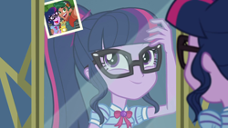 Size: 1920x1080 | Tagged: safe, screencap, character:timber spruce, character:twilight sparkle, character:twilight sparkle (scitwi), species:eqg human, ship:timbertwi, episode:star crossed, g4, my little pony:equestria girls, adorkable, cute, dork, female, geode of telekinesis, glasses, male, mirror, photo, ponytail, selfie, shipping, smiling, straight, timberbetes, twiabetes
