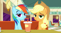 Size: 1836x988 | Tagged: safe, screencap, character:applejack, character:rainbow dash, species:pony, episode:the saddle row review, g4, my little pony: friendship is magic, beverage, bright, drinking straw, duo, female, honey curls, hypocrisy, mare, mare e. lynn, rainbow dash is best facemaker, sipping, sitting, smug, smugdash, smugjack