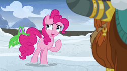 Size: 1280x720 | Tagged: safe, screencap, character:gummy, character:pinkie pie, character:prince rutherford, species:pony, species:yak, episode:not asking for trouble, g4, my little pony: friendship is magic, biting, snow, tail bite