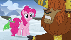 Size: 1280x720 | Tagged: safe, screencap, character:gummy, character:pinkie pie, character:prince rutherford, species:pony, species:yak, episode:not asking for trouble, g4, my little pony: friendship is magic, alligator, biting, cloven hooves, female, male, snow, tail bite