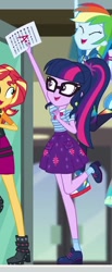 Size: 338x818 | Tagged: safe, screencap, character:rainbow dash, character:sunset shimmer, character:twilight sparkle, character:twilight sparkle (scitwi), species:eqg human, episode:the finals countdown, g4, my little pony:equestria girls, a++, boots, clothing, converse, cropped, eyes closed, female, geode of super speed, glasses, grades, how, intelligence, intelligent, magical geodes, nerd, offscreen character, ponytail, shoes, skirt, smart, socks, success