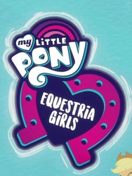 Size: 543x722 | Tagged: safe, screencap, character:applejack, my little pony:equestria girls, cropped, equestria girls logo, font, logo, offscreen character, solo