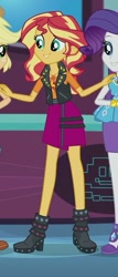 Size: 369x863 | Tagged: safe, screencap, character:applejack, character:rarity, character:sunset shimmer, episode:a fine line, g4, my little pony:equestria girls, boots, clothing, cropped, female, geode of empathy, geode of shielding, high heel boots, jacket, leather jacket, offscreen character, shoes, skirt, smiling