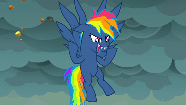 Size: 600x338 | Tagged: safe, screencap, character:evil pie hater dash, character:rainbow dash, species:pegasus, species:pony, episode:secrets and pies, g4, my little pony: friendship is magic, adorapiehater, animated, cloud, cloudy, cute, dramatic, evil, evil laugh, gif, laughing, nightmare, nose in the air, pure unfiltered evil, reaction image, sharp teeth, solo, teeth, volumetric mouth, zoom