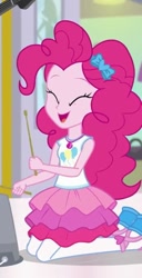 Size: 353x690 | Tagged: safe, screencap, character:pinkie pie, episode:a fine line, g4, my little pony:equestria girls, bucket, clothing, cropped, cute, diapinkes, drumsticks, eyes closed, female, geode of sugar bombs, happy, kneeling, open mouth, pantyhose, skirt, smiling, solo