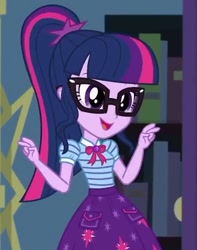 Size: 566x720 | Tagged: safe, screencap, character:twilight sparkle, character:twilight sparkle (scitwi), species:eqg human, episode:star crossed, g4, my little pony:equestria girls, clothing, cropped, cute, female, geode of telekinesis, glasses, ponytail, skirt, smiling, solo, twiabetes